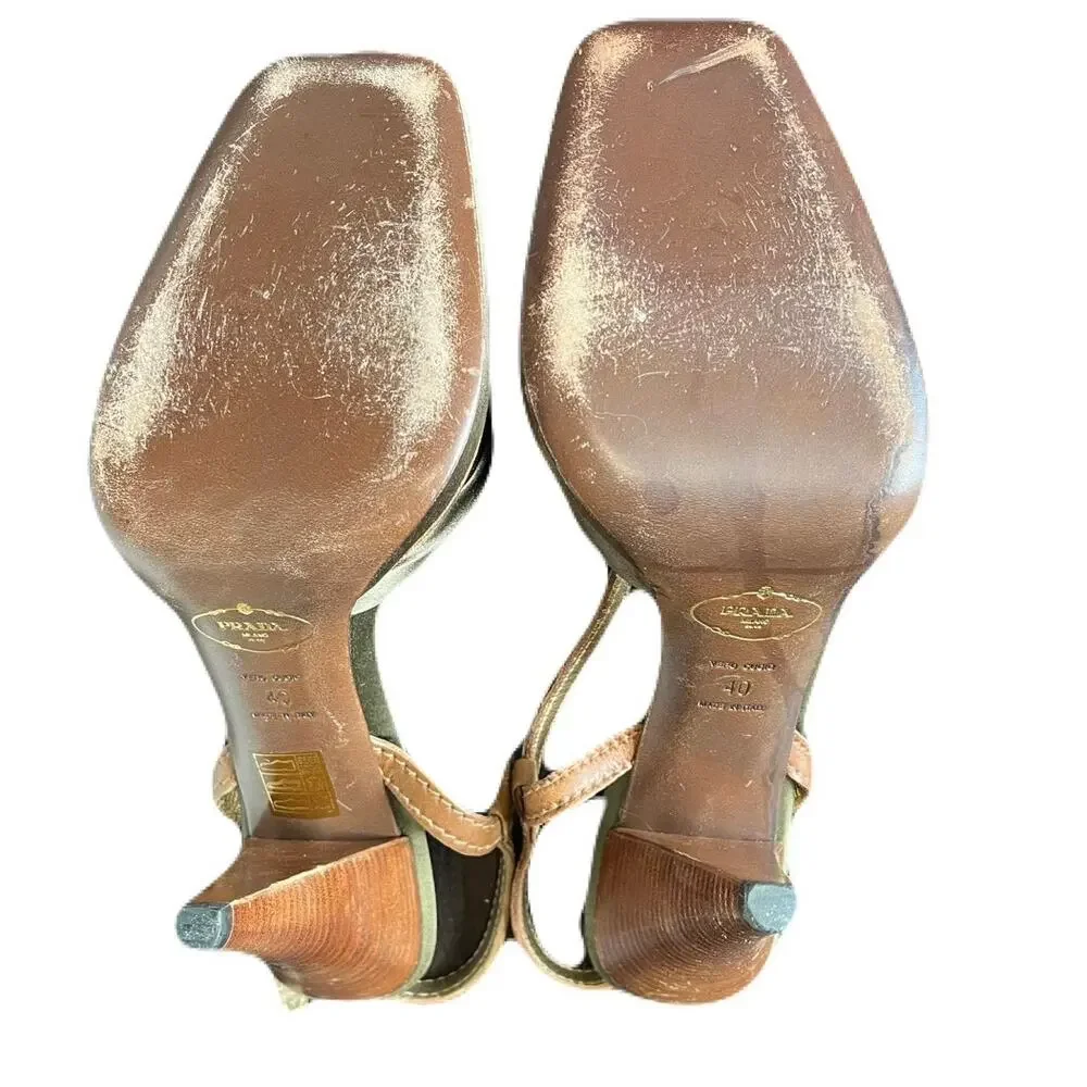 Prada Olive Green Satin And Brown Leather Slingback 4” Heel Size 10 - Picture 6 of 6